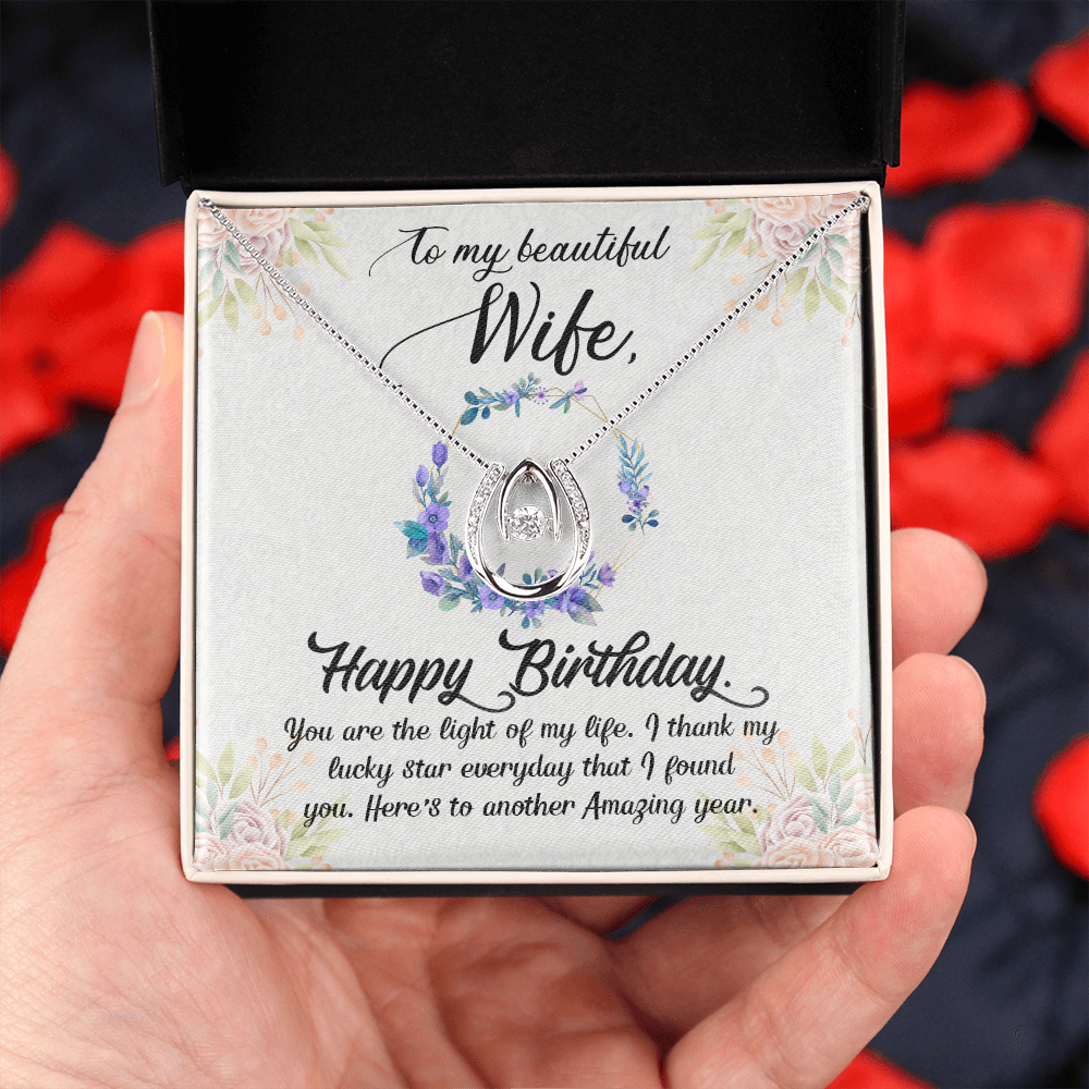 To My Wife Birthday Light of My Life Horseshoe Necklace Message Card 14k w CZ Crystals-Express Your Love Gifts