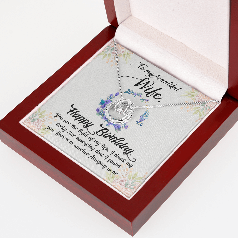 To My Wife Birthday Light of My Life Horseshoe Necklace Message Card 14k w CZ Crystals-Express Your Love Gifts