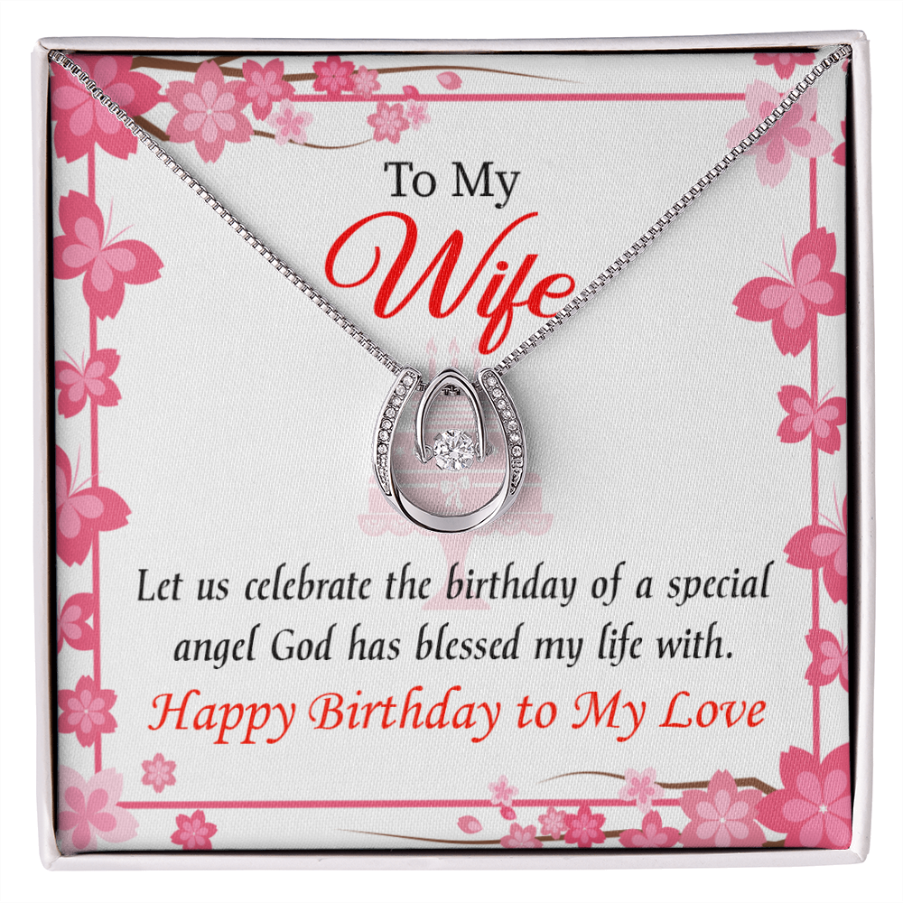 To My Wife Birthday Love and Affection Lucky Horseshoe Necklace Message Card 14k w CZ Crystals-Express Your Love Gifts