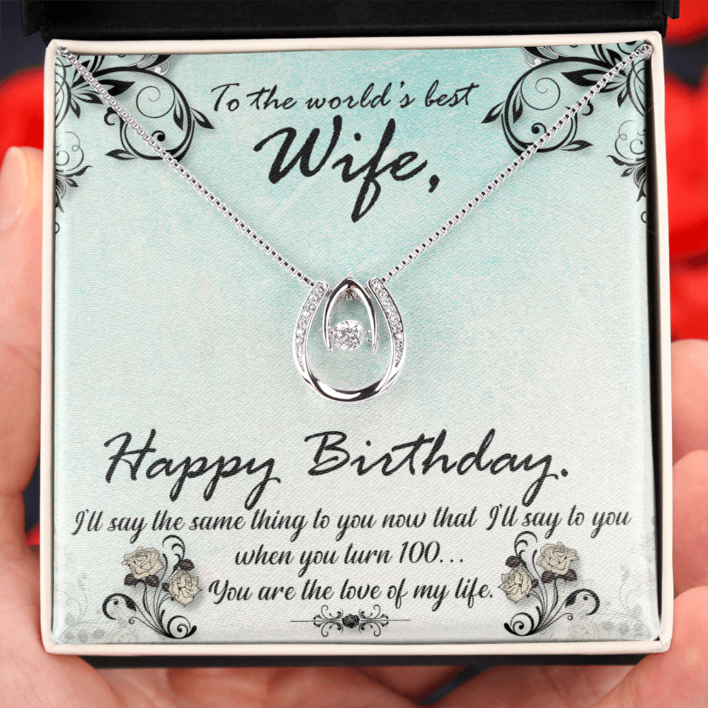 To My Wife Birthday Love of My Life Lucky Horseshoe Necklace Message Card 14k w CZ Crystals-Express Your Love Gifts