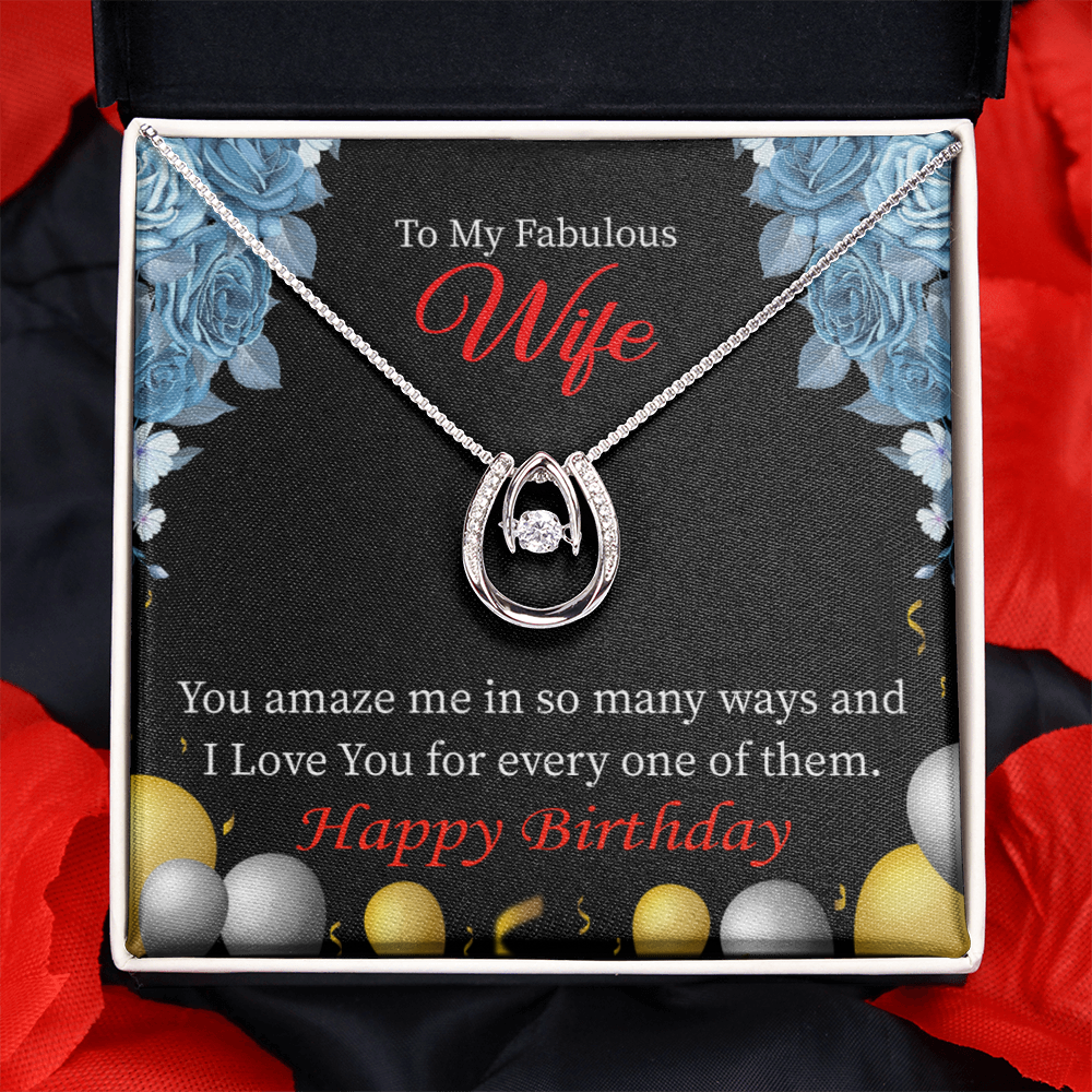 To My Wife Birthday Simply Amazing Lucky Horseshoe Necklace Message Card 14k w CZ Crystals-Express Your Love Gifts