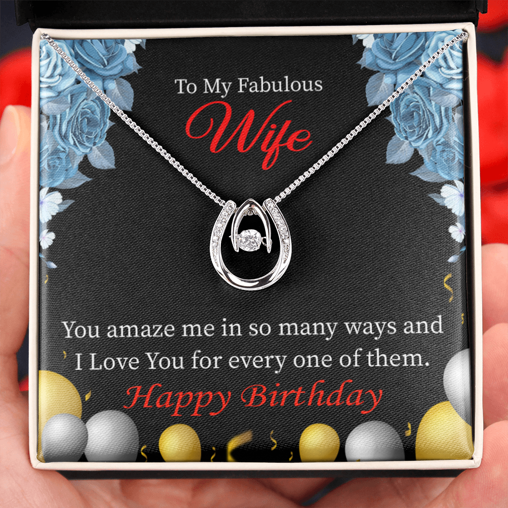 To My Wife Birthday Simply Amazing Lucky Horseshoe Necklace Message Card 14k w CZ Crystals-Express Your Love Gifts