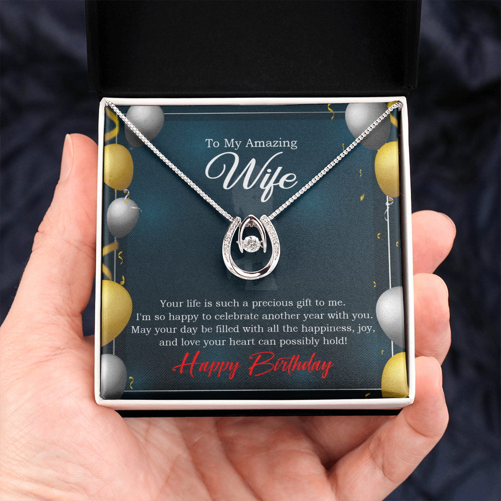 To My Wife Birthday Wife is a Precious Gift Lucky Horseshoe Necklace Message Card 14k w CZ Crystals-Express Your Love Gifts