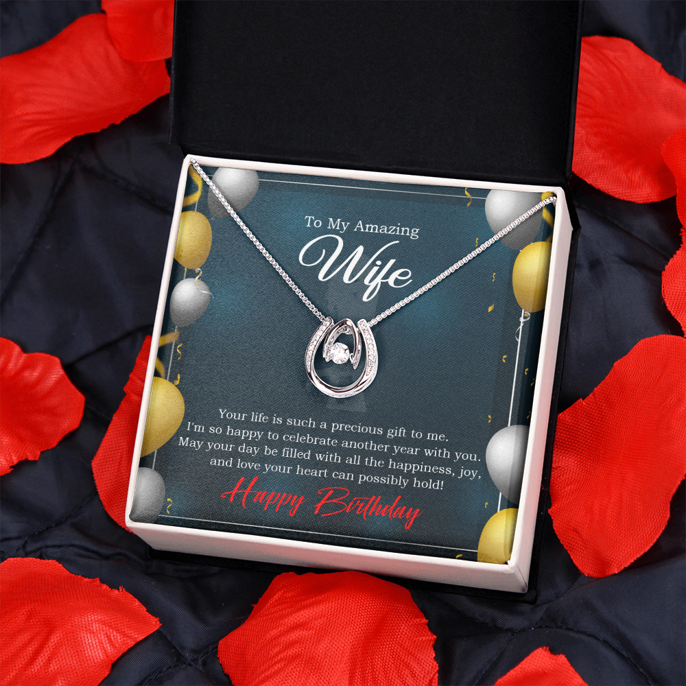 To My Wife Birthday Wife is a Precious Gift Lucky Horseshoe Necklace Message Card 14k w CZ Crystals-Express Your Love Gifts