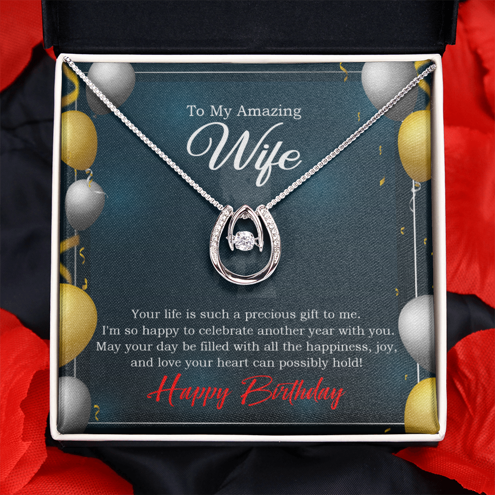 To My Wife Birthday Wife is a Precious Gift Lucky Horseshoe Necklace Message Card 14k w CZ Crystals-Express Your Love Gifts