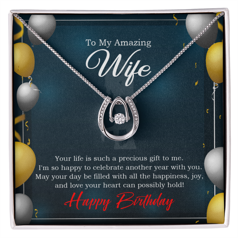 To My Wife Birthday Wife is a Precious Gift Lucky Horseshoe Necklace Message Card 14k w CZ Crystals-Express Your Love Gifts