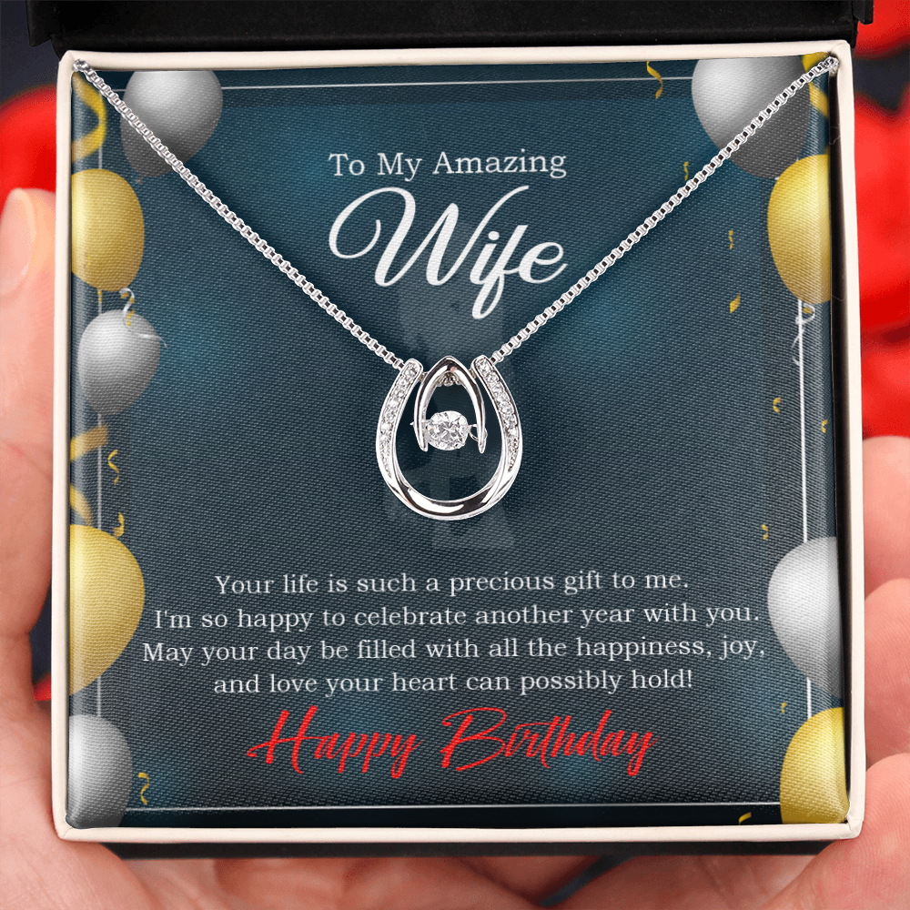 To My Wife Birthday Wife is a Precious Gift Lucky Horseshoe Necklace Message Card 14k w CZ Crystals-Express Your Love Gifts