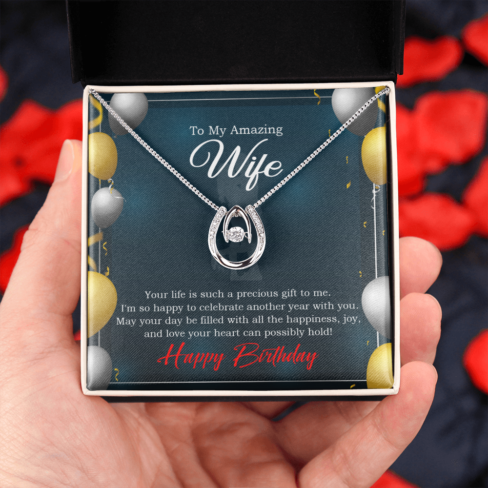 To My Wife Birthday Wife is a Precious Gift Lucky Horseshoe Necklace Message Card 14k w CZ Crystals-Express Your Love Gifts