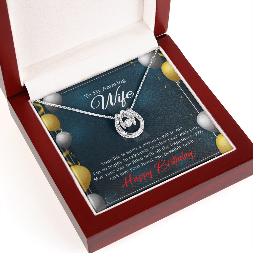 To My Wife Birthday Wife is a Precious Gift Lucky Horseshoe Necklace Message Card 14k w CZ Crystals-Express Your Love Gifts