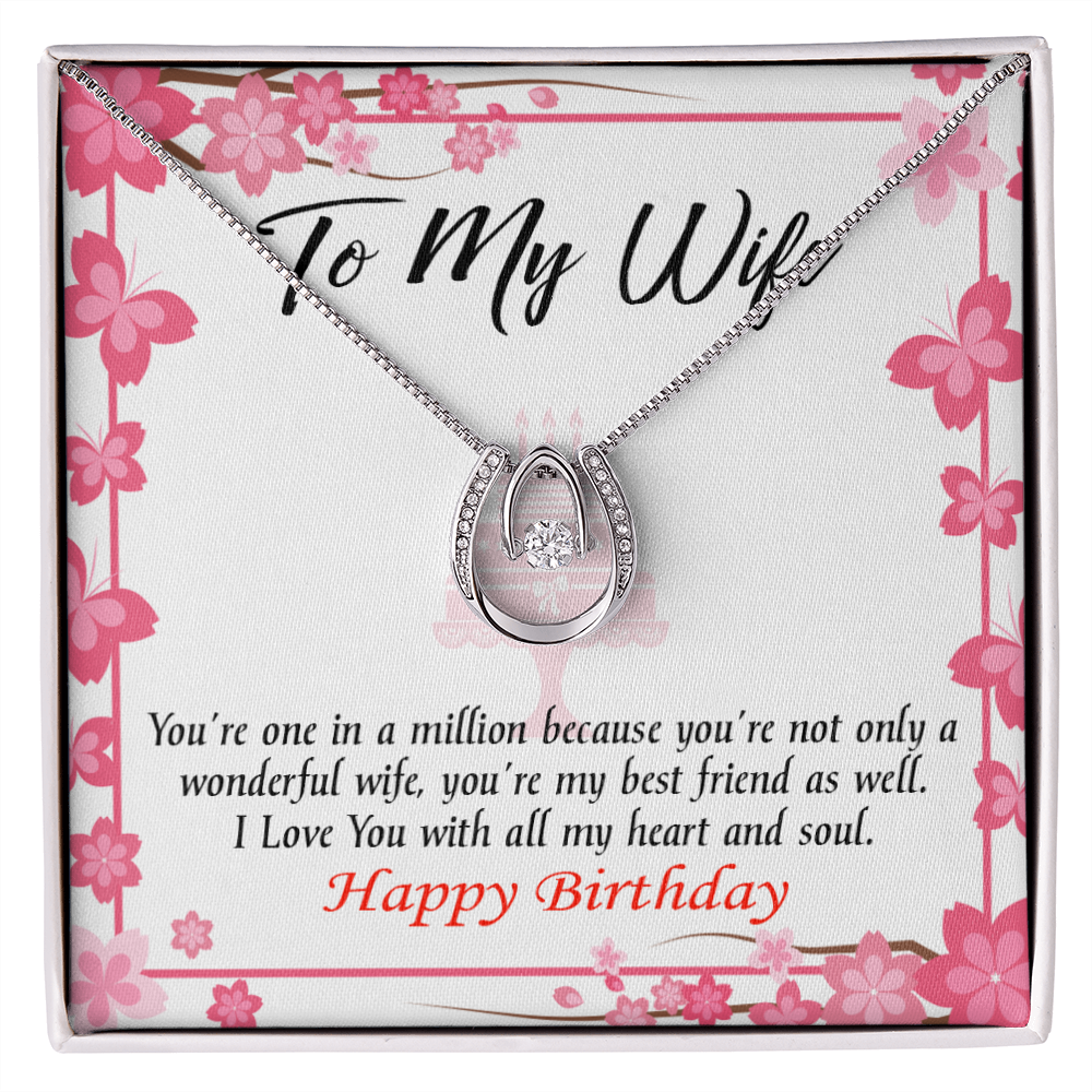 To My Wife Birthday Wonderful Best Friend Wife Lucky Horseshoe Necklace Message Card 14k w CZ Crystals-Express Your Love Gifts