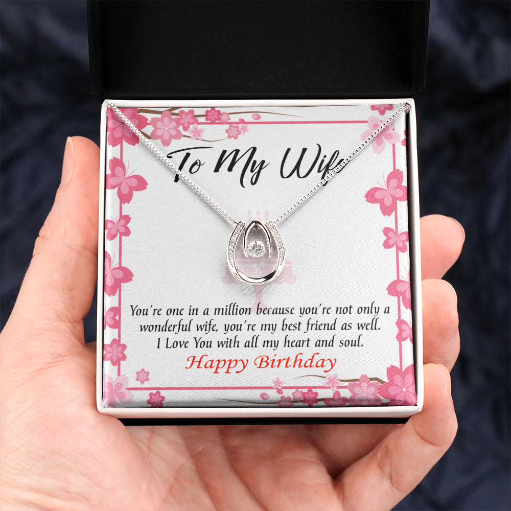 To My Wife Birthday Wonderful Best Friend Wife Lucky Horseshoe Necklace Message Card 14k w CZ Crystals-Express Your Love Gifts