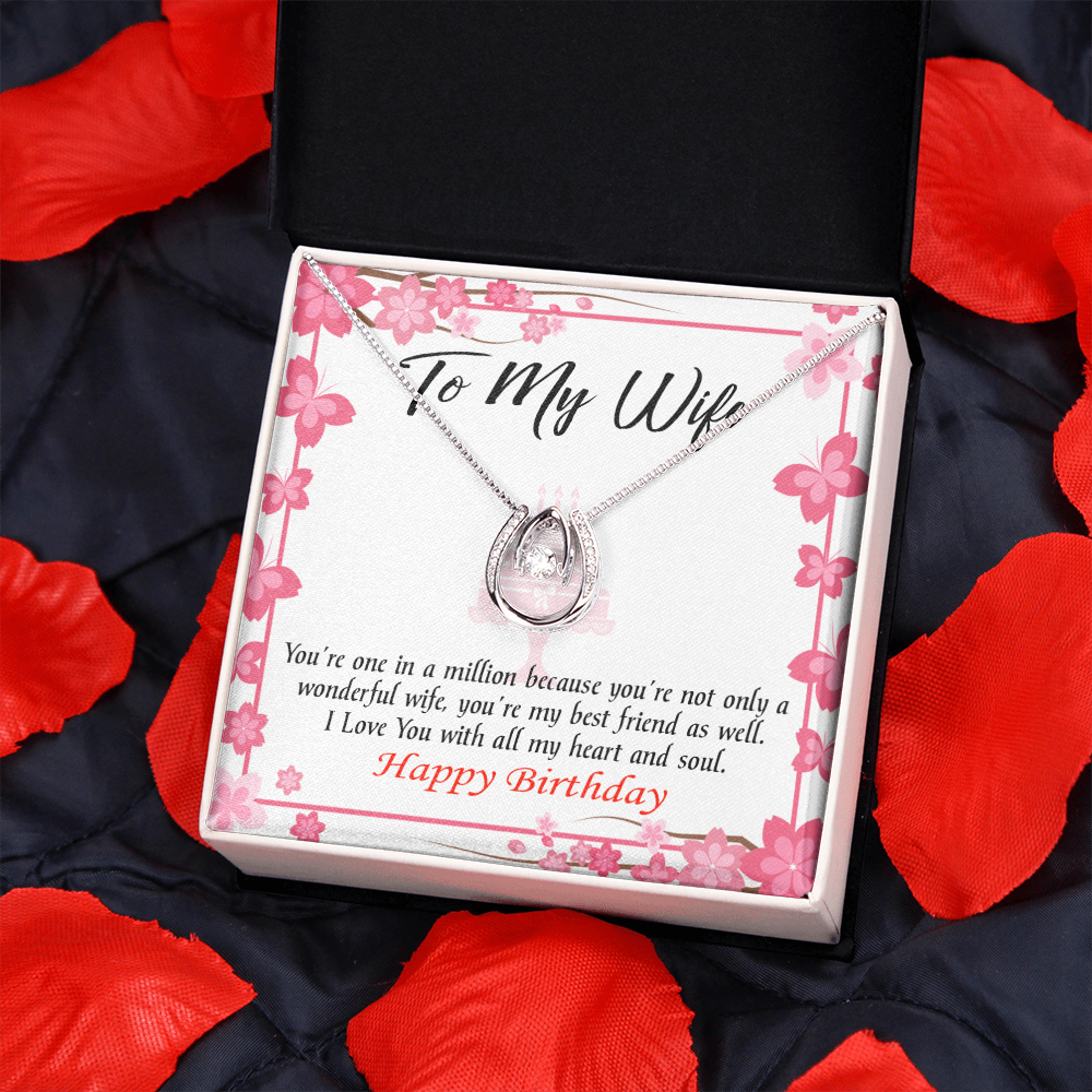 To My Wife Birthday Wonderful Best Friend Wife Lucky Horseshoe Necklace Message Card 14k w CZ Crystals-Express Your Love Gifts