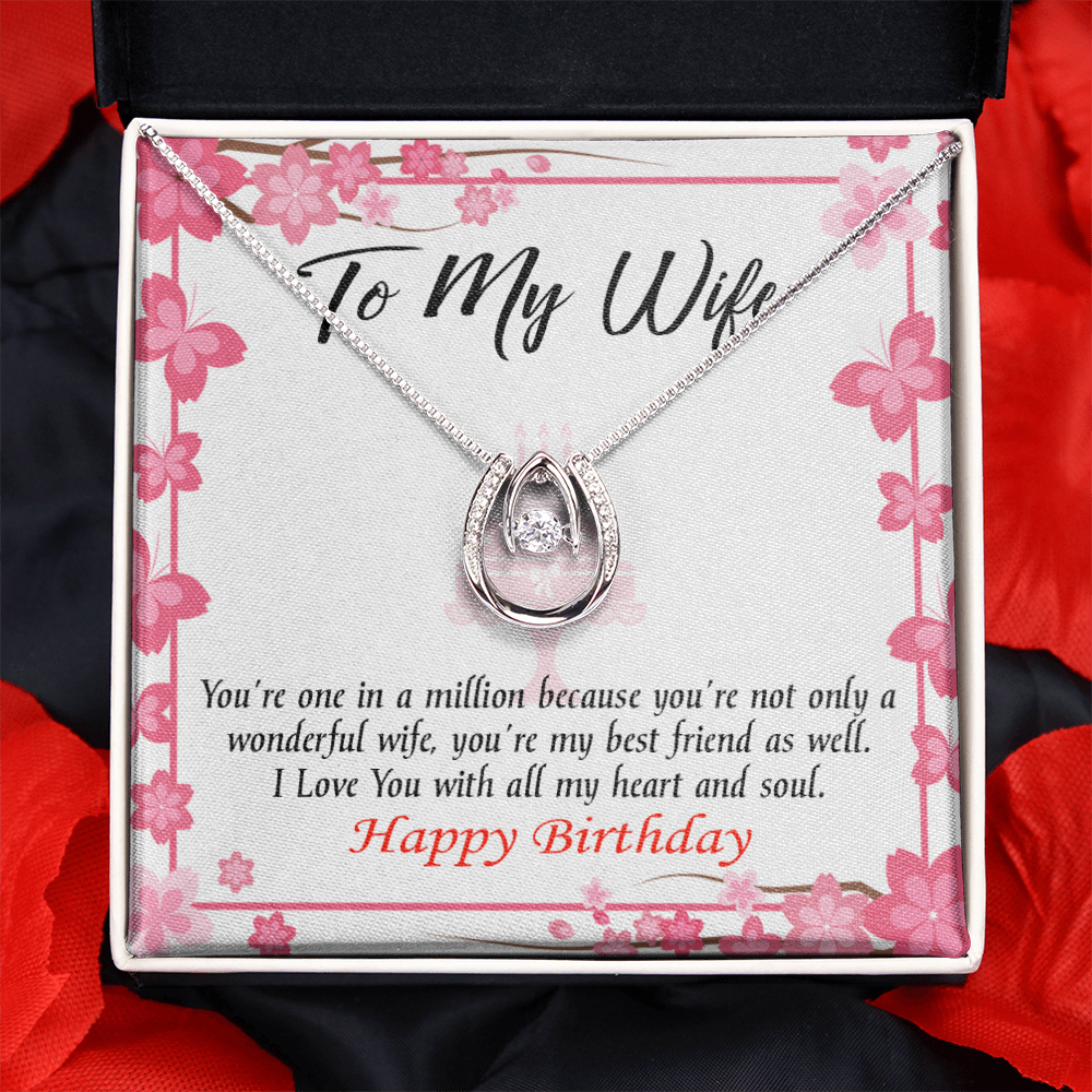 To My Wife Birthday Wonderful Best Friend Wife Lucky Horseshoe Necklace Message Card 14k w CZ Crystals-Express Your Love Gifts