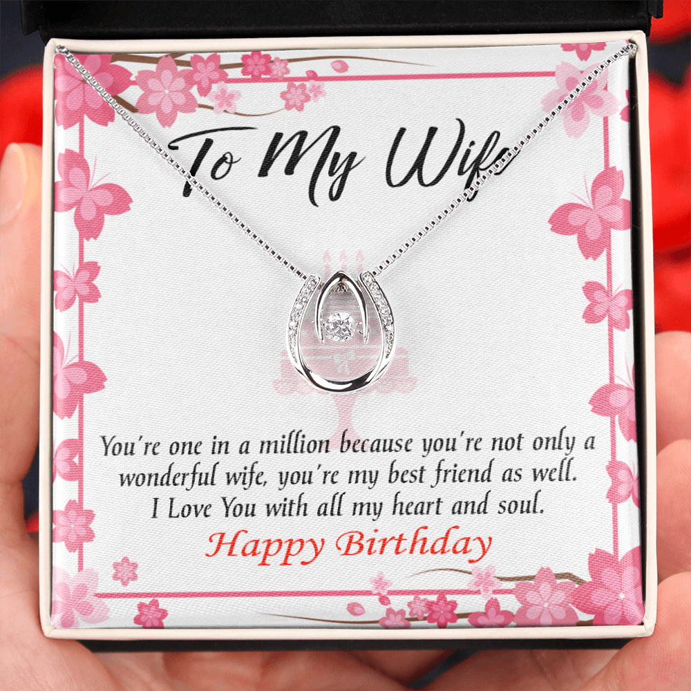 To My Wife Birthday Wonderful Best Friend Wife Lucky Horseshoe Necklace Message Card 14k w CZ Crystals-Express Your Love Gifts