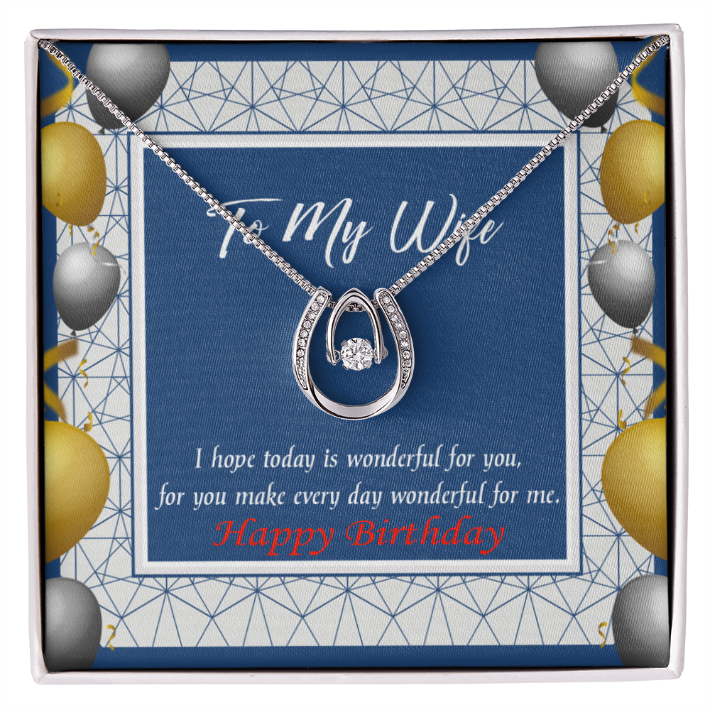 To My Wife Birthday You Are Wonderful Lucky Horseshoe Necklace Message Card 14k w CZ Crystals-Express Your Love Gifts