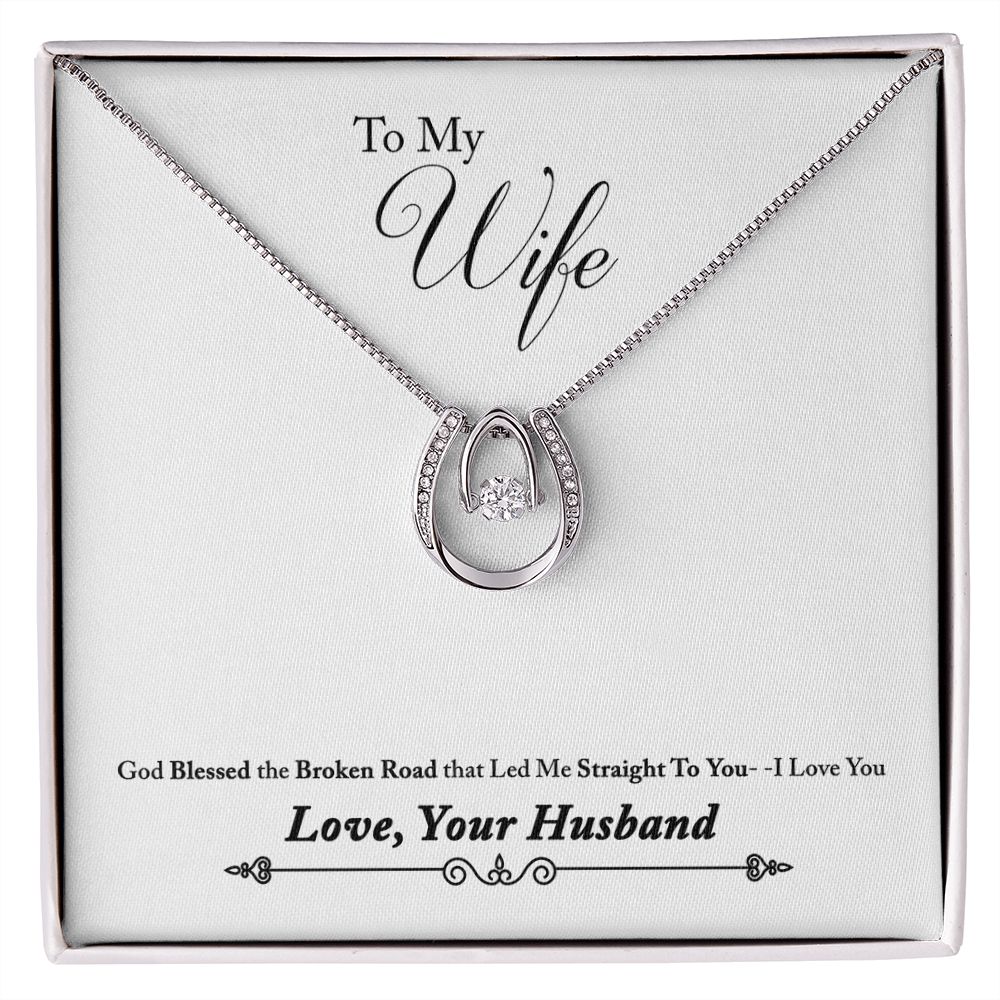 To My Wife Blessed the Broken Road Lucky Horseshoe Necklace Message Card 14k w CZ Crystals-Express Your Love Gifts