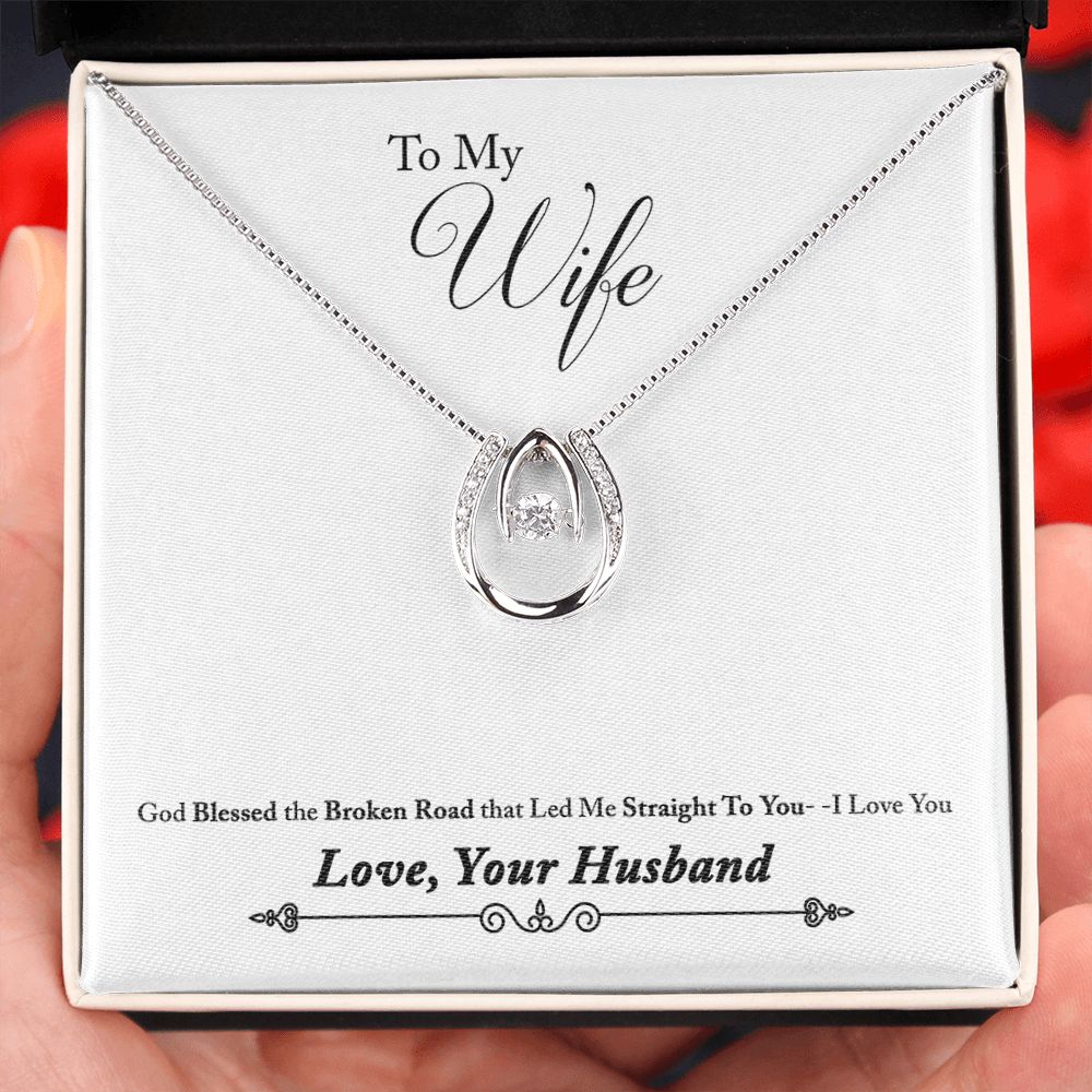 To My Wife Blessed the Broken Road Lucky Horseshoe Necklace Message Card 14k w CZ Crystals-Express Your Love Gifts