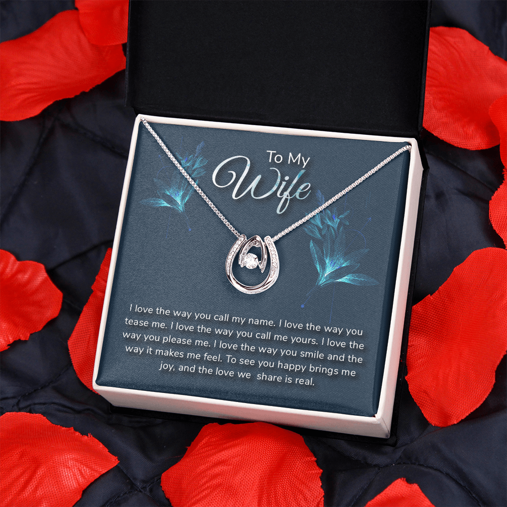 To My Wife Call My Name Lucky Horseshoe Necklace Message Card 14k w CZ Crystals-Express Your Love Gifts