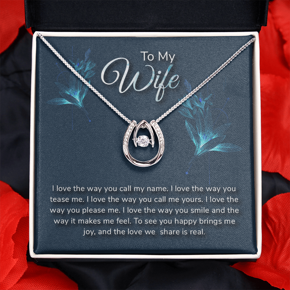 To My Wife Call My Name Lucky Horseshoe Necklace Message Card 14k w CZ Crystals-Express Your Love Gifts