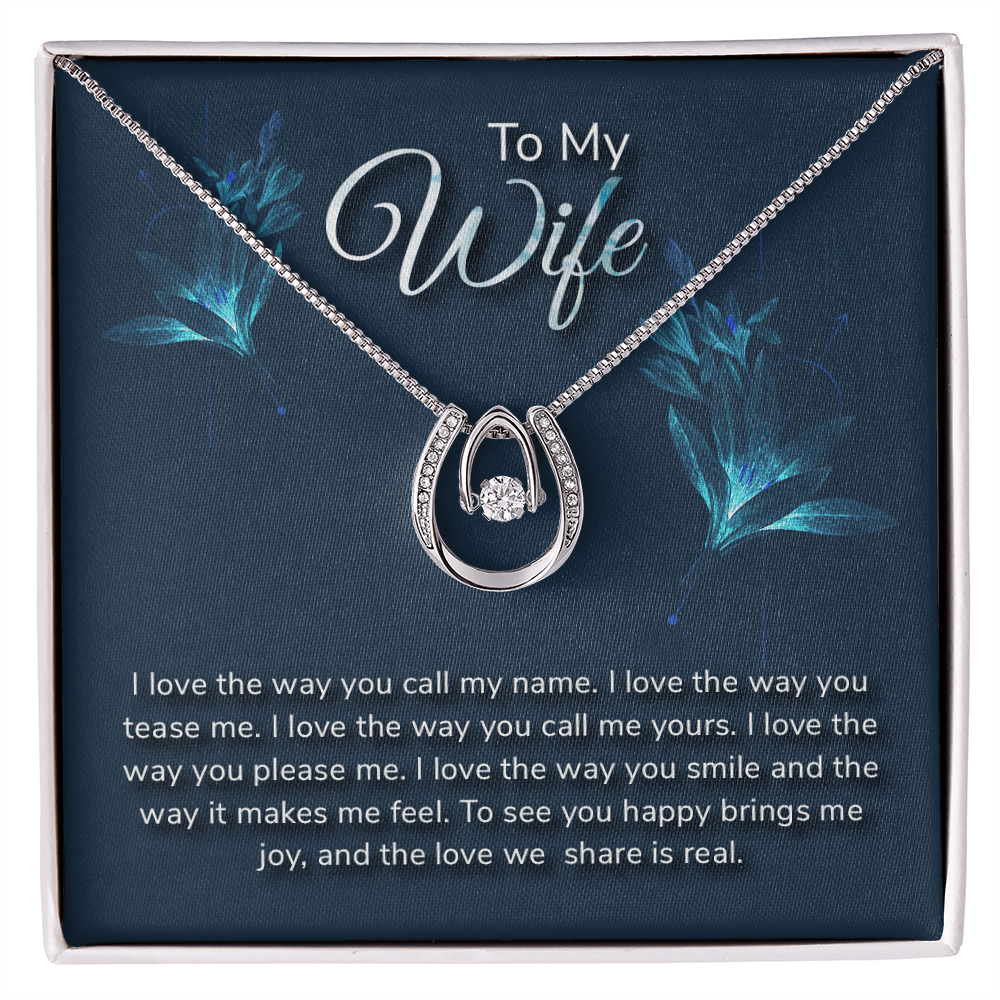 To My Wife Call My Name Lucky Horseshoe Necklace Message Card 14k w CZ Crystals-Express Your Love Gifts