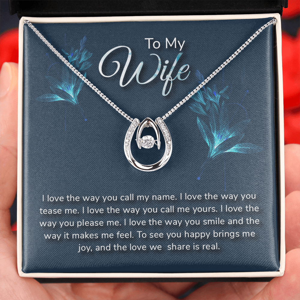 To My Wife Call My Name Lucky Horseshoe Necklace Message Card 14k w CZ Crystals-Express Your Love Gifts