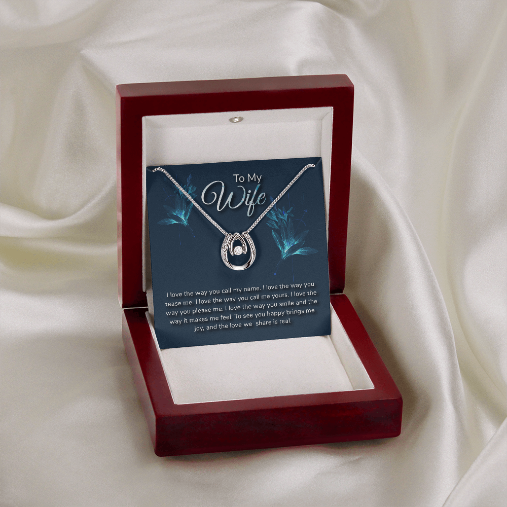 To My Wife Call My Name Lucky Horseshoe Necklace Message Card 14k w CZ Crystals-Express Your Love Gifts