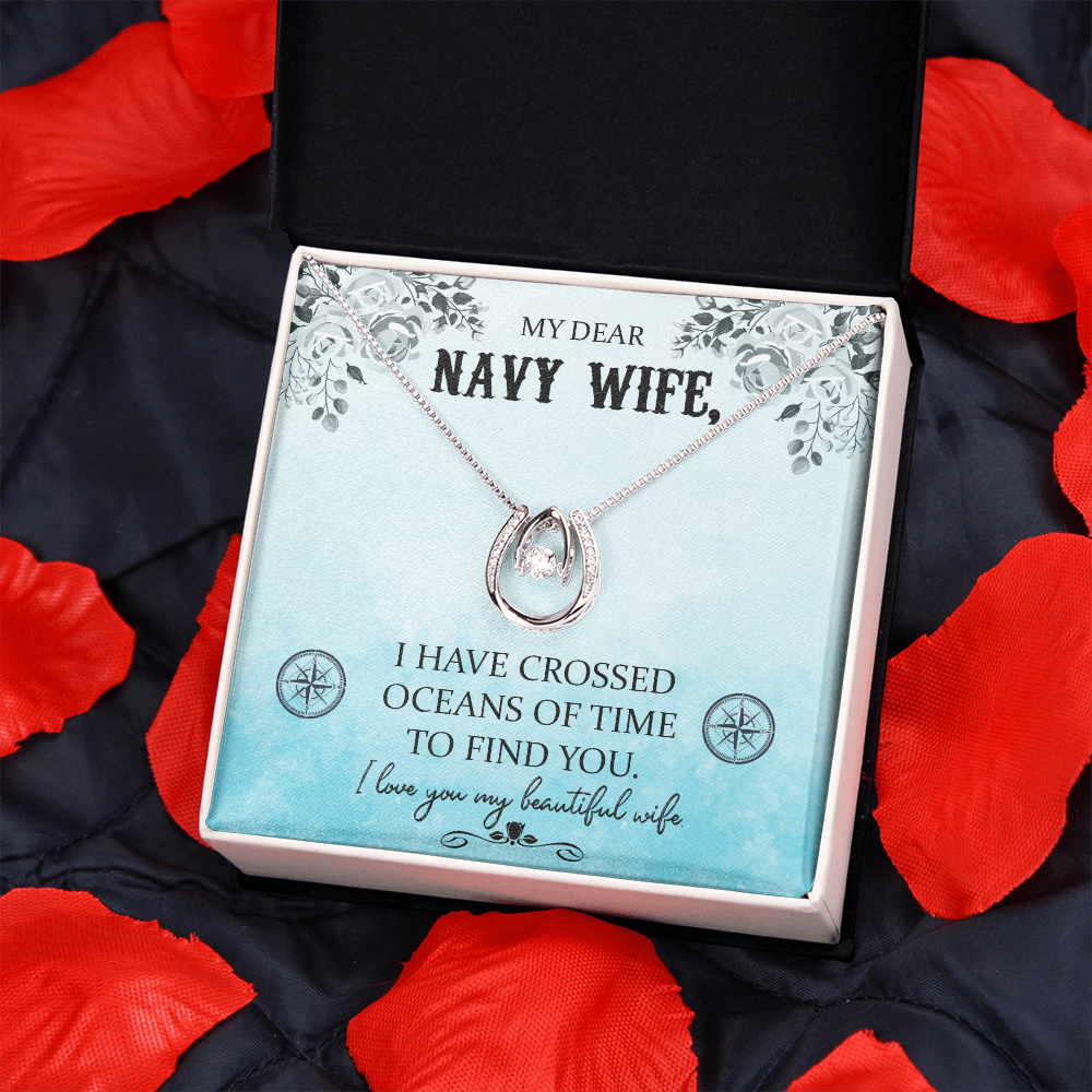 To My Wife Crossed Oceans Lucky Horseshoe Necklace Message Card 14k w CZ Crystals-Express Your Love Gifts