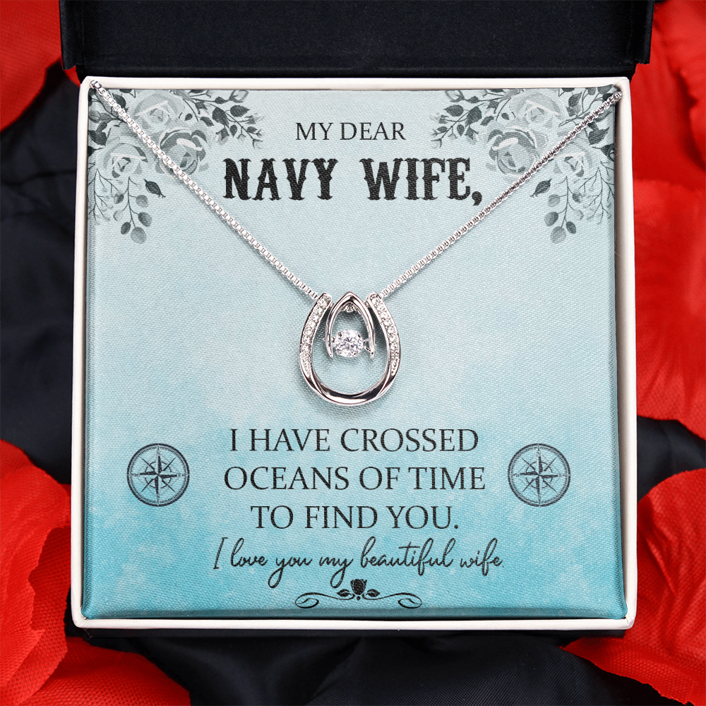 To My Wife Crossed Oceans Lucky Horseshoe Necklace Message Card 14k w CZ Crystals-Express Your Love Gifts