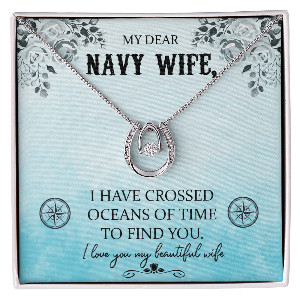 To My Wife Crossed Oceans Lucky Horseshoe Necklace Message Card 14k w CZ Crystals-Express Your Love Gifts