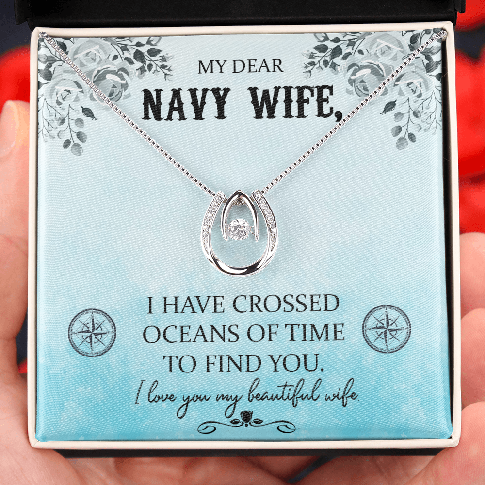 To My Wife Crossed Oceans Lucky Horseshoe Necklace Message Card 14k w CZ Crystals-Express Your Love Gifts