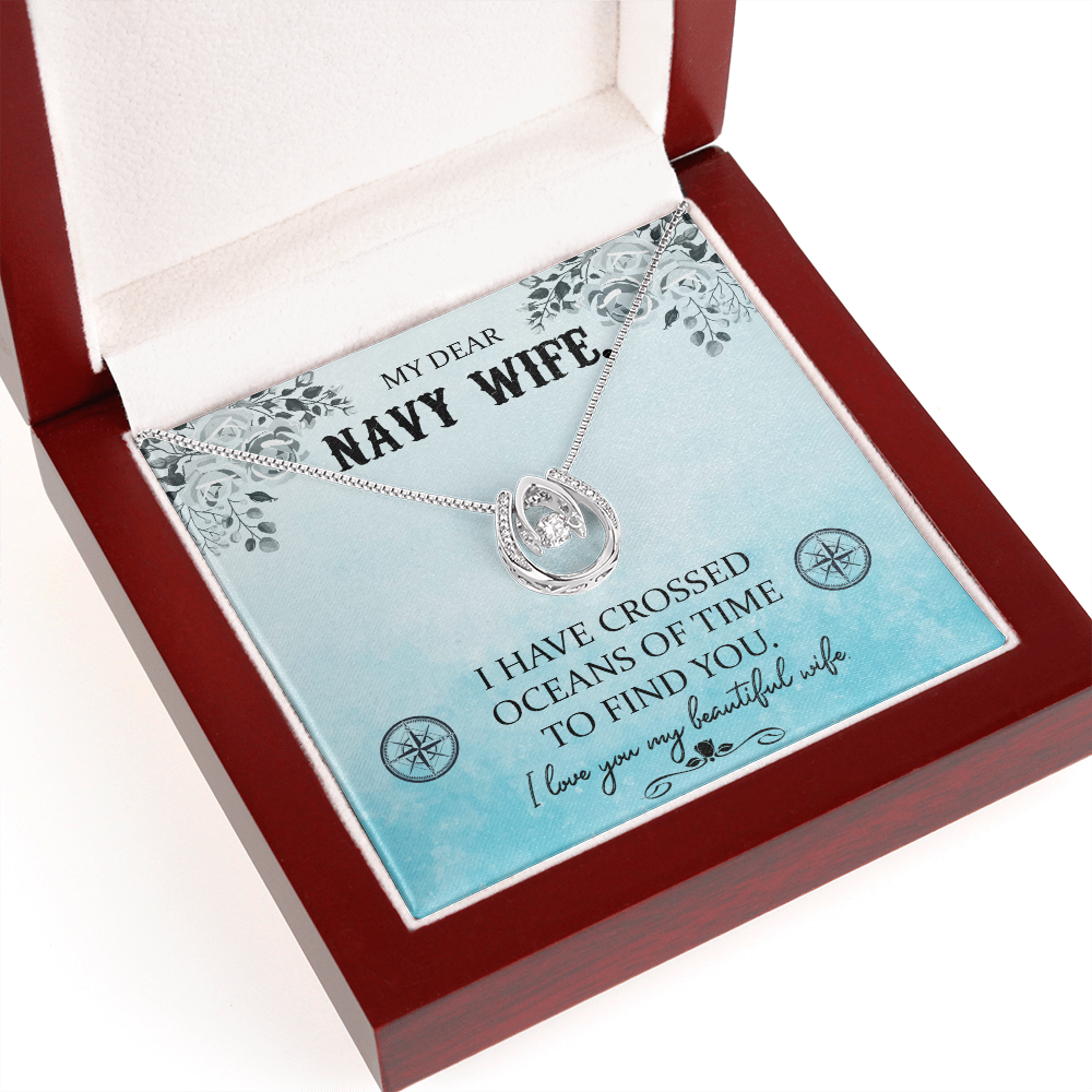 To My Wife Crossed Oceans Lucky Horseshoe Necklace Message Card 14k w CZ Crystals-Express Your Love Gifts