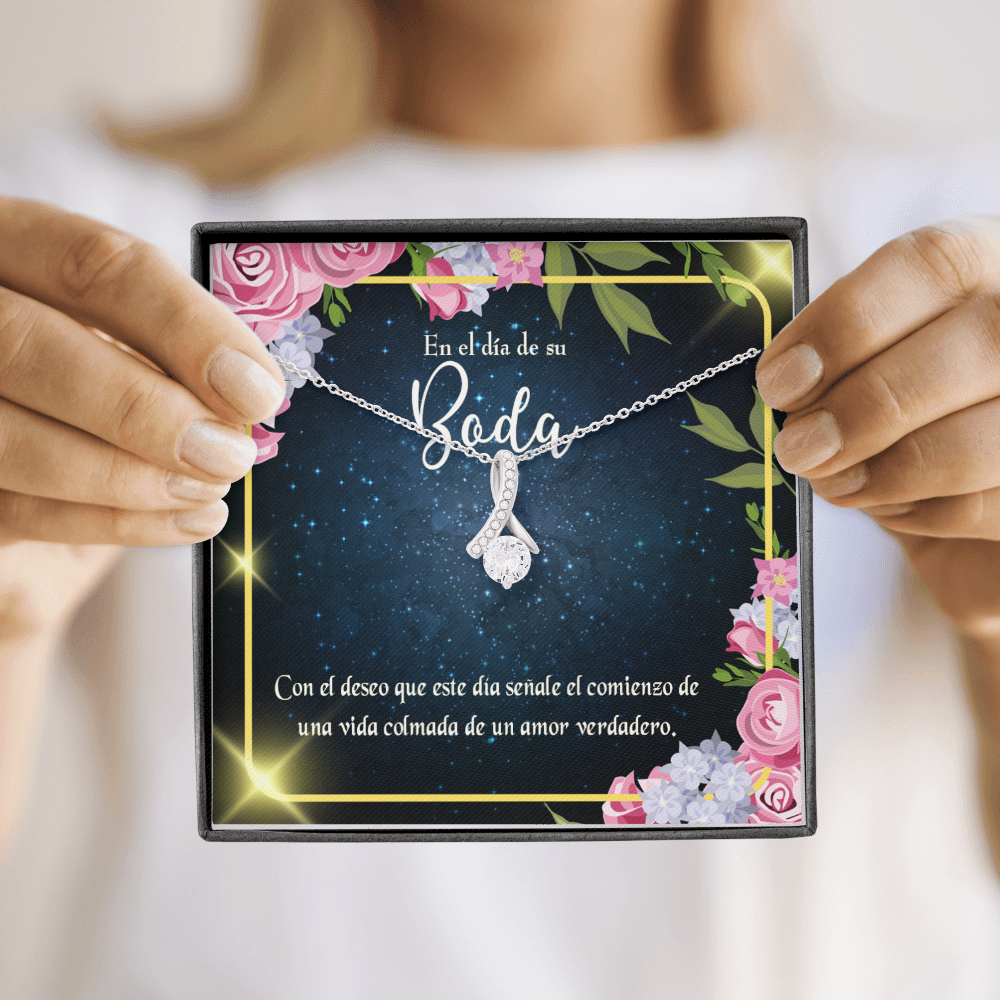 To My Wife En el día de su Boda Alluring Ribbon Necklace Message Card-Express Your Love Gifts