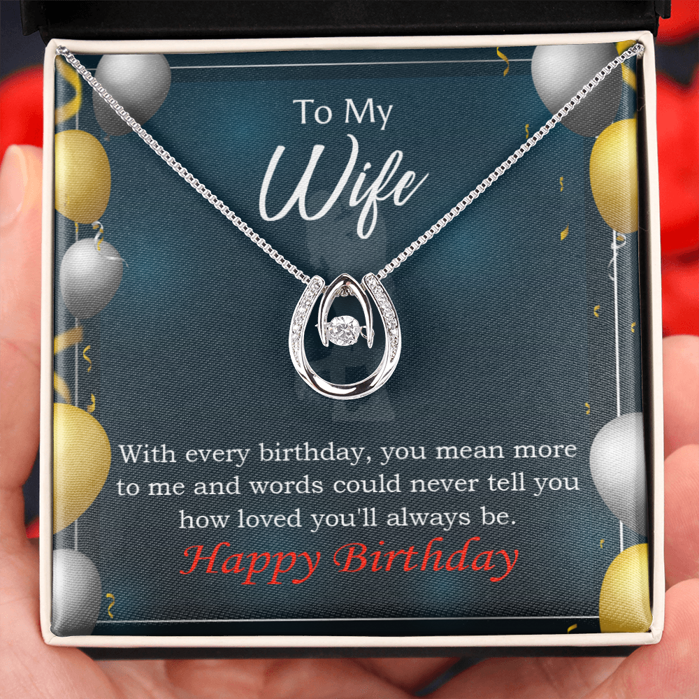To My Wife Every Birthday Lucky Horseshoe Necklace Message Card 14k w CZ Crystals-Express Your Love Gifts