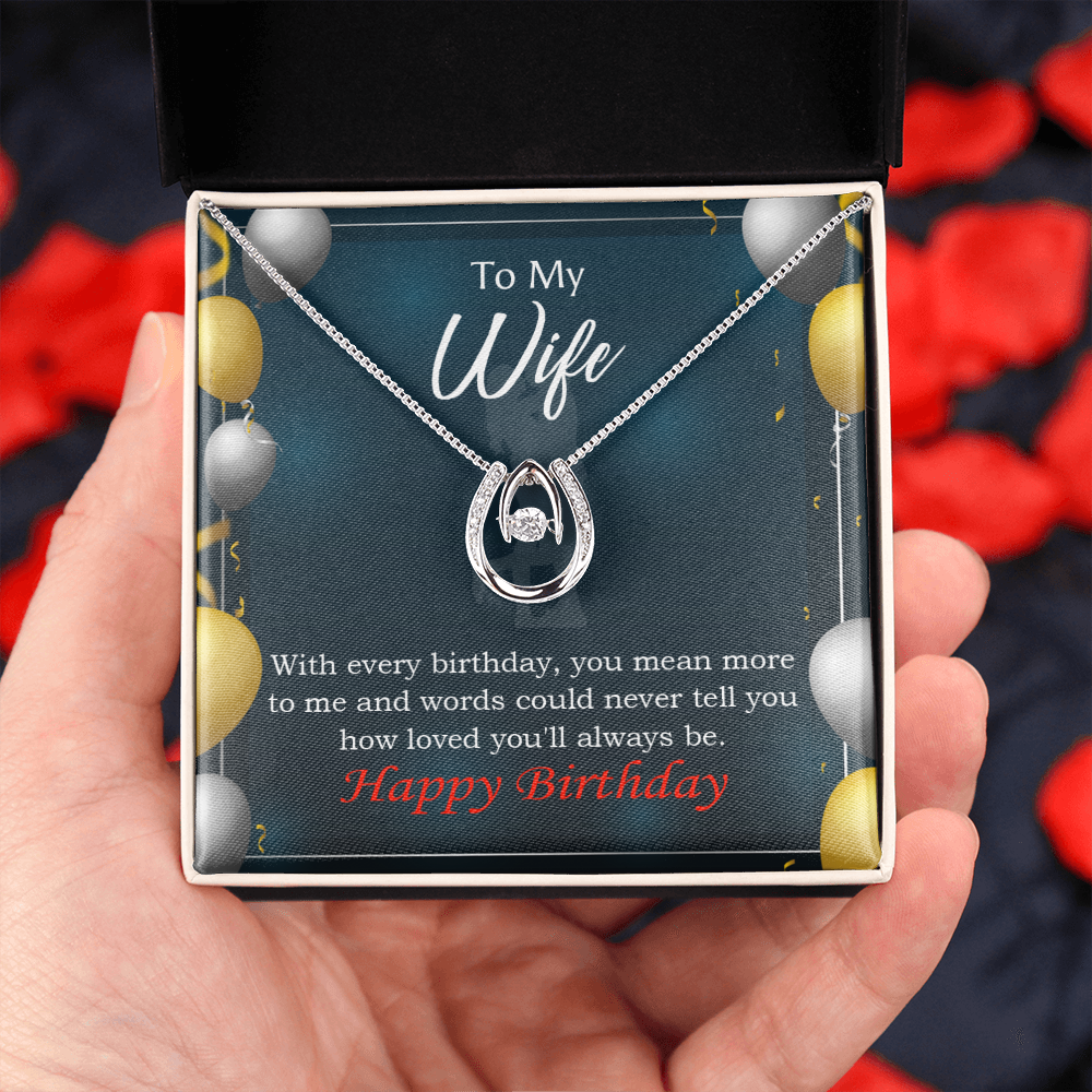 To My Wife Every Birthday Lucky Horseshoe Necklace Message Card 14k w CZ Crystals-Express Your Love Gifts