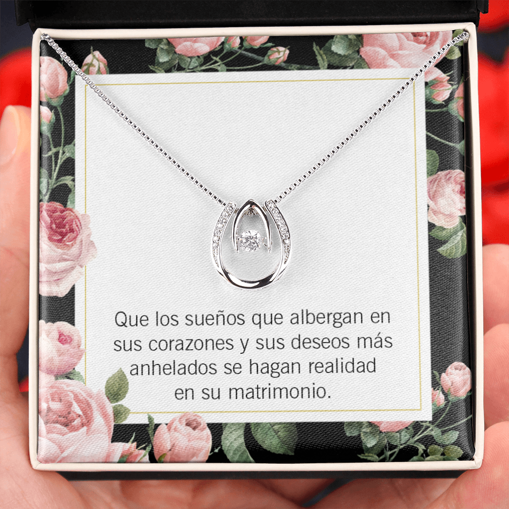 To My Wife Felicitaciones de Boda Lucky Horseshoe Necklace Message Card 14k w CZ Crystals-Express Your Love Gifts