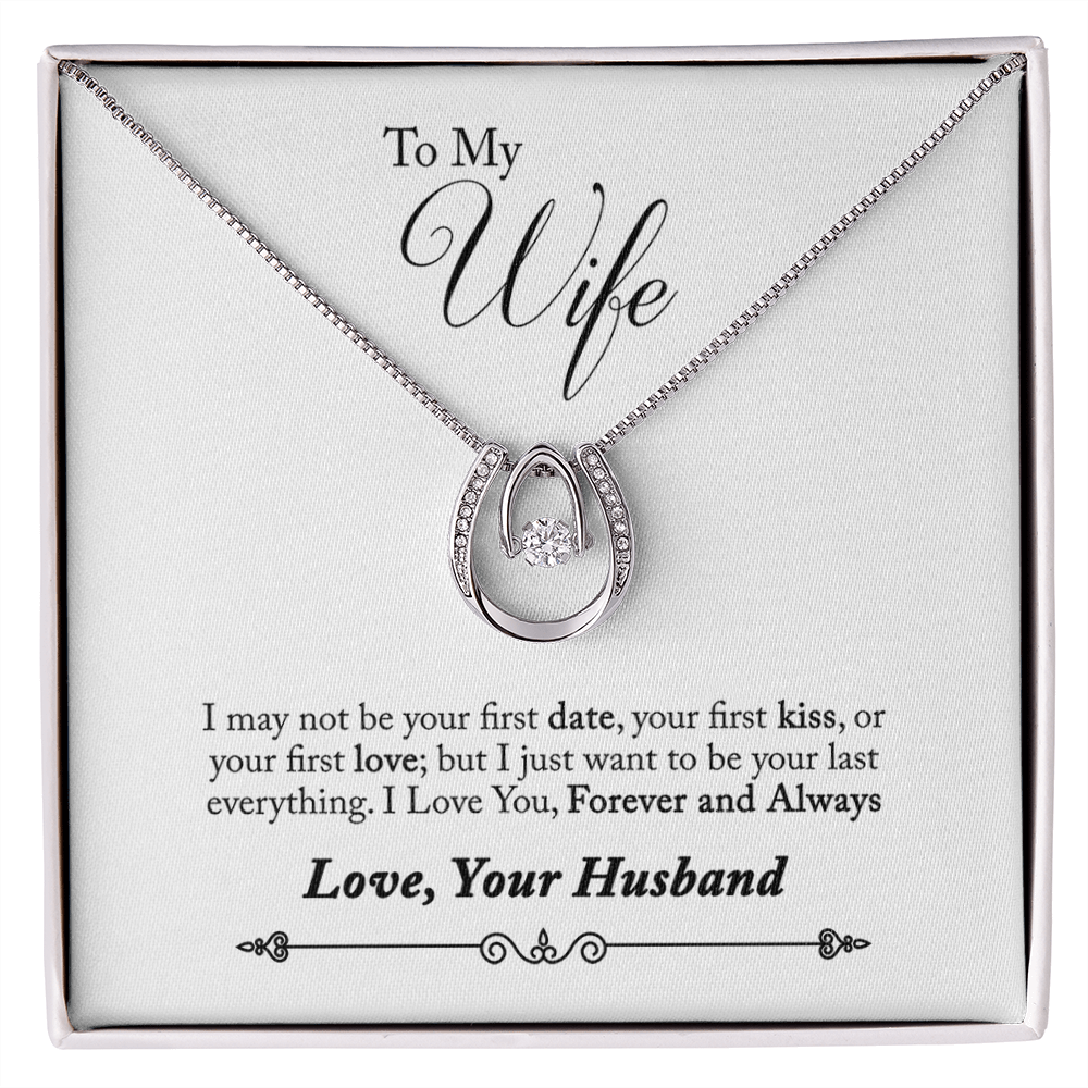 To My Wife First Kiss Lucky Horseshoe Necklace Message Card 14k w CZ Crystals-Express Your Love Gifts