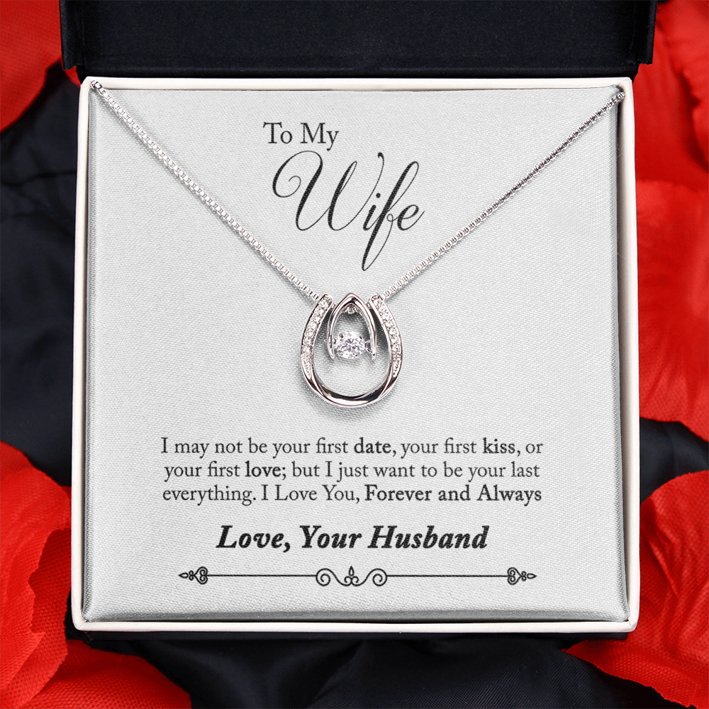 To My Wife First Kiss Lucky Horseshoe Necklace Message Card 14k w CZ Crystals-Express Your Love Gifts