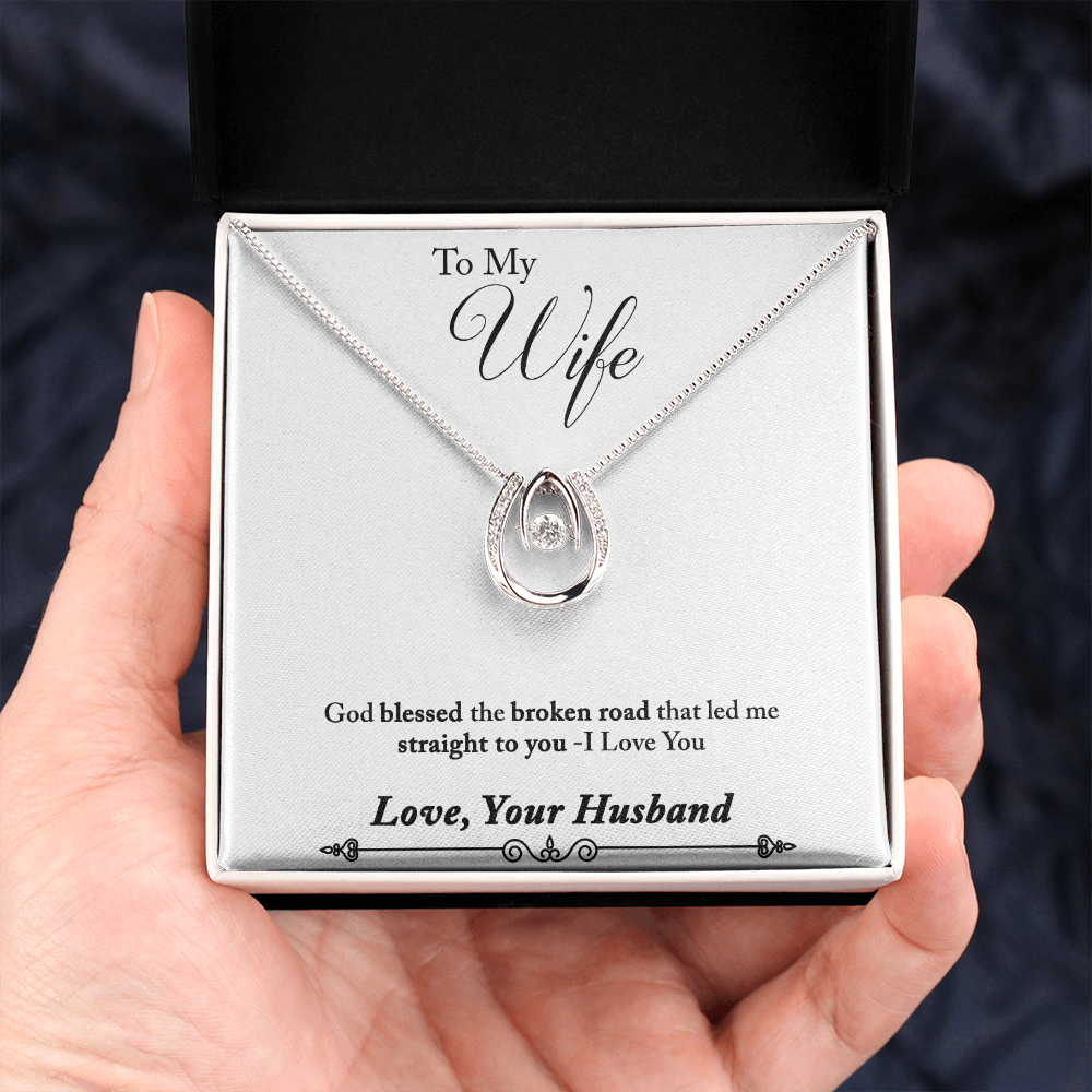 To My Wife God Blessed the Broken Road Lucky Horseshoe Necklace Message Card 14k w CZ Crystals-Express Your Love Gifts