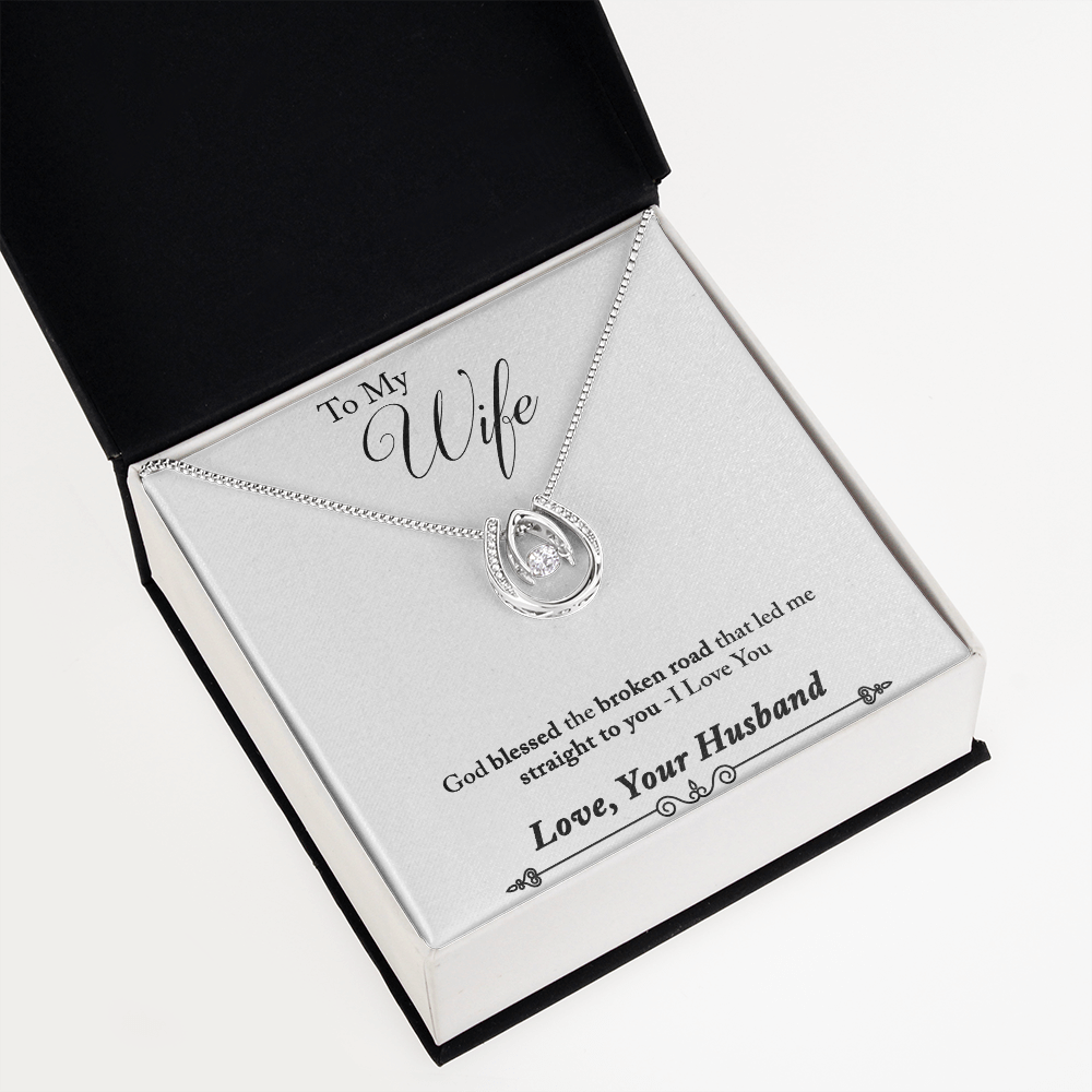 To My Wife God Blessed the Broken Road Lucky Horseshoe Necklace Message Card 14k w CZ Crystals-Express Your Love Gifts