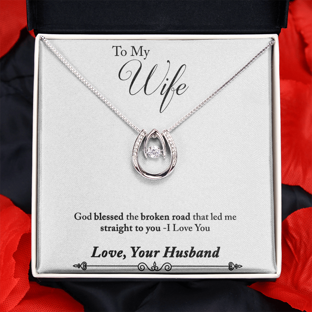 To My Wife God Blessed the Broken Road Lucky Horseshoe Necklace Message Card 14k w CZ Crystals-Express Your Love Gifts