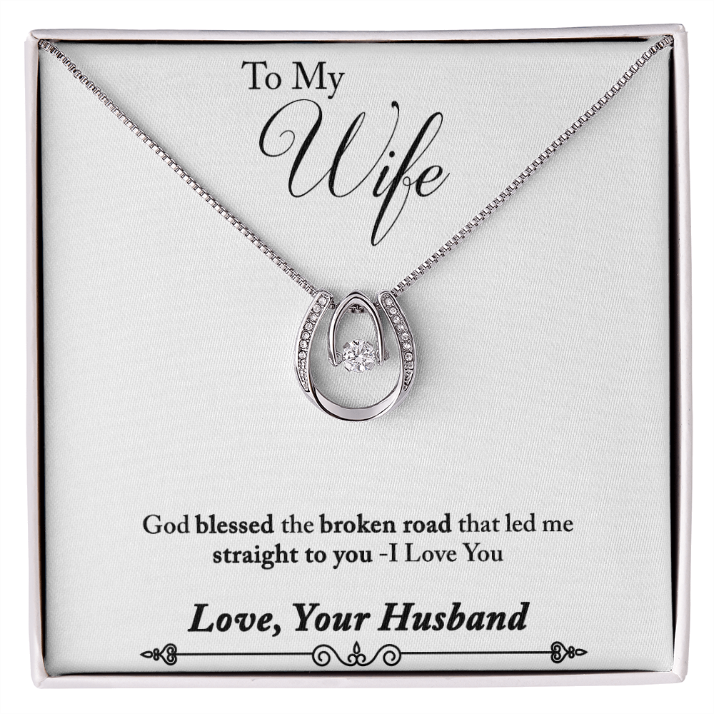 To My Wife God Blessed the Broken Road Lucky Horseshoe Necklace Message Card 14k w CZ Crystals-Express Your Love Gifts