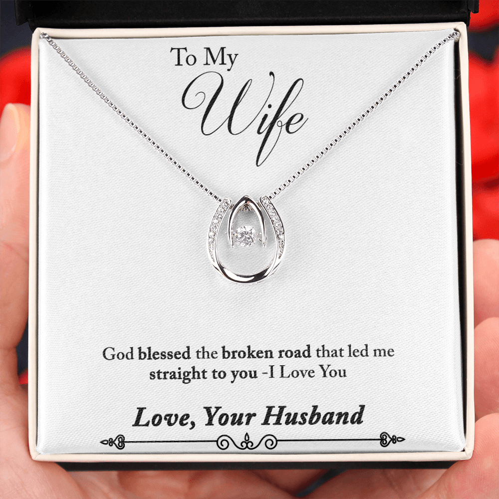 To My Wife God Blessed the Broken Road Lucky Horseshoe Necklace Message Card 14k w CZ Crystals-Express Your Love Gifts