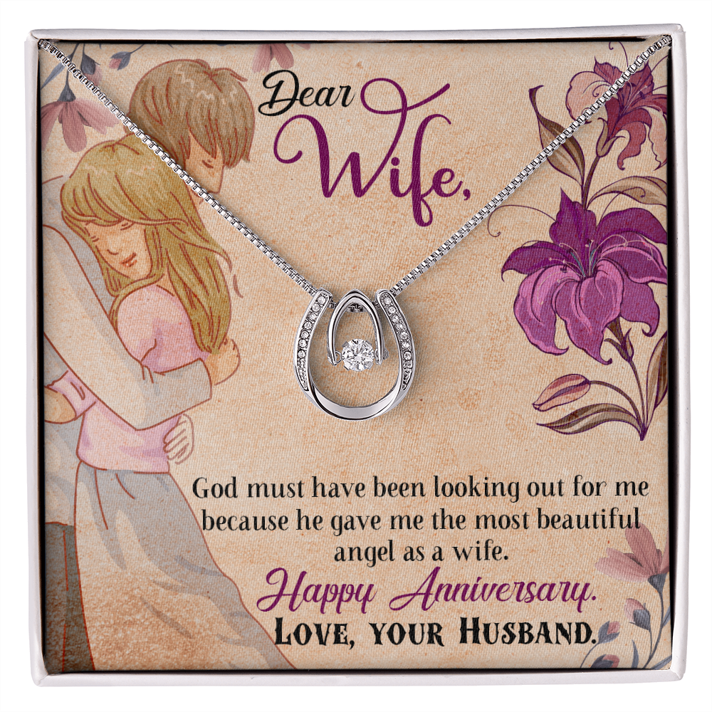 To My Wife God Must Have Been Lucky Horseshoe Necklace Message Card 14k w CZ Crystals-Express Your Love Gifts