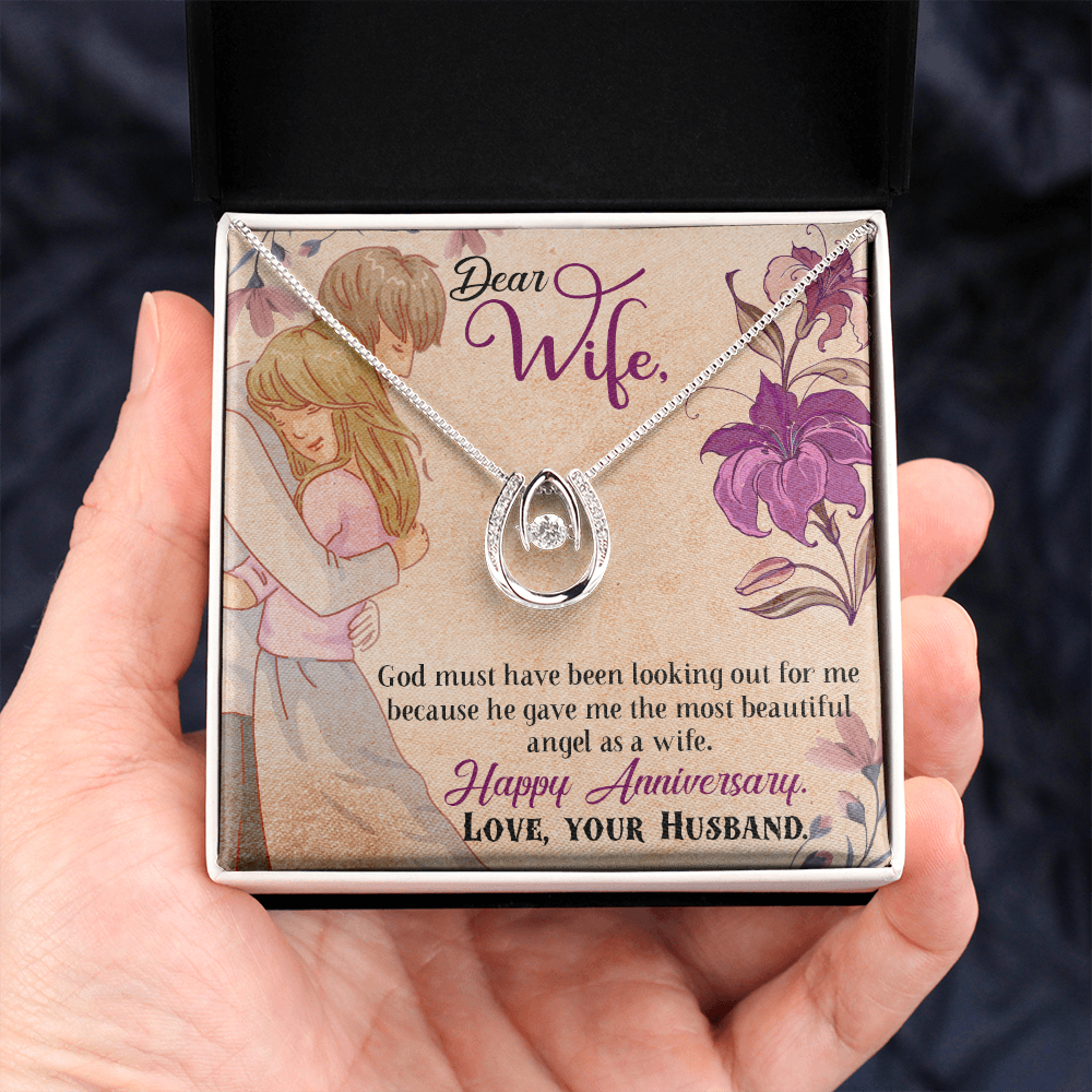 To My Wife God Must Have Been Lucky Horseshoe Necklace Message Card 14k w CZ Crystals-Express Your Love Gifts