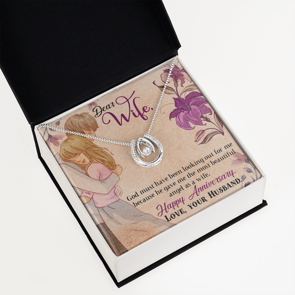 To My Wife God Must Have Been Lucky Horseshoe Necklace Message Card 14k w CZ Crystals-Express Your Love Gifts