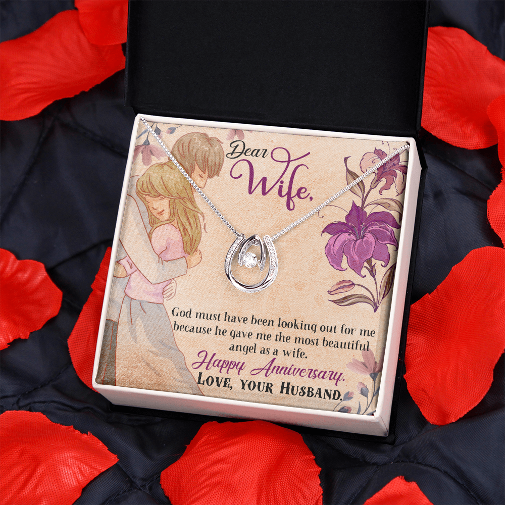 To My Wife God Must Have Been Lucky Horseshoe Necklace Message Card 14k w CZ Crystals-Express Your Love Gifts