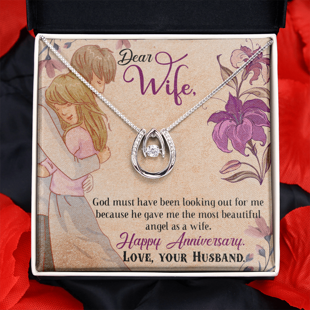 To My Wife God Must Have Been Lucky Horseshoe Necklace Message Card 14k w CZ Crystals-Express Your Love Gifts