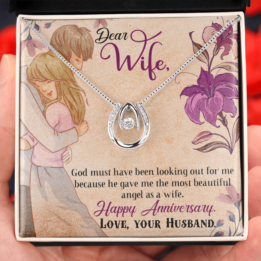 To My Wife God Must Have Been Lucky Horseshoe Necklace Message Card 14k w CZ Crystals-Express Your Love Gifts