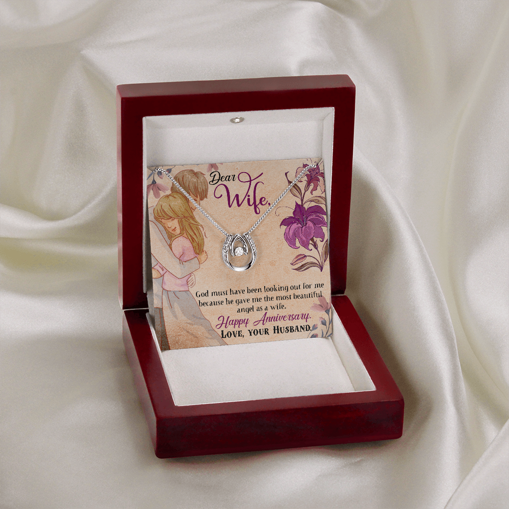 To My Wife God Must Have Been Lucky Horseshoe Necklace Message Card 14k w CZ Crystals-Express Your Love Gifts