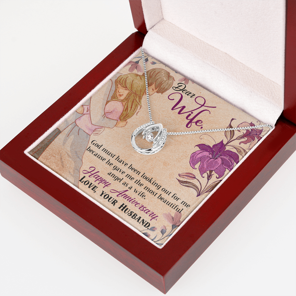 To My Wife God Must Have Been Lucky Horseshoe Necklace Message Card 14k w CZ Crystals-Express Your Love Gifts